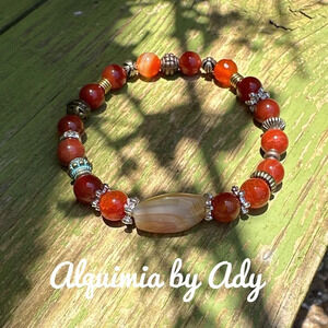 Carnelian Orange Jade Crackled Quartz beaded bracelet/brass/colorful